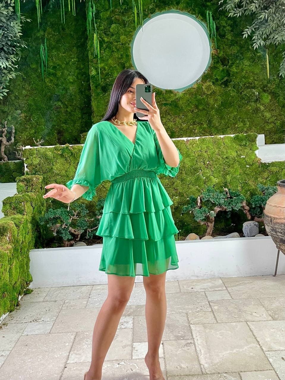 3447-YEŞİL KAT KAT ŞİFON ELBİSE