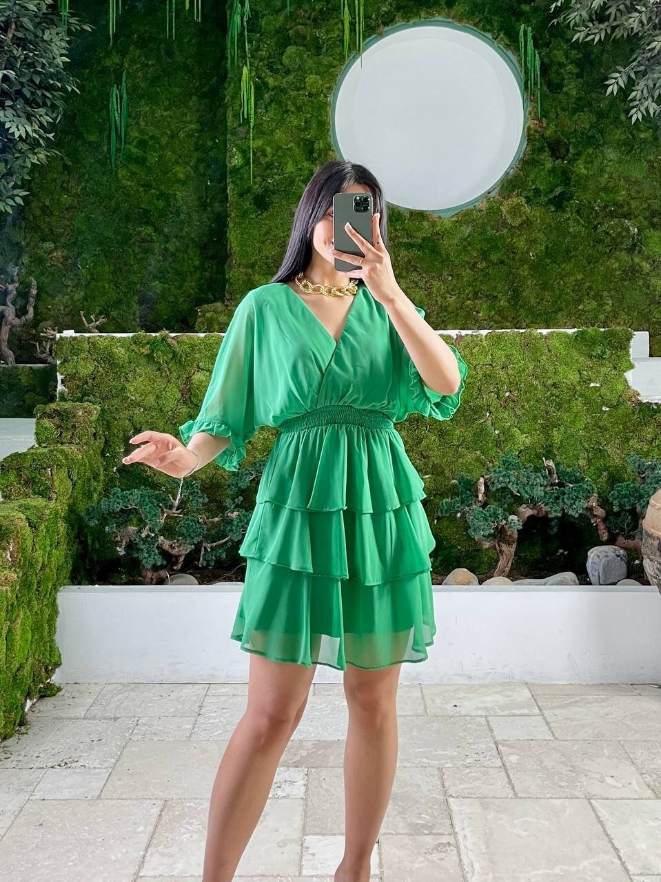 3447-YEŞİL KAT KAT ŞİFON ELBİSE