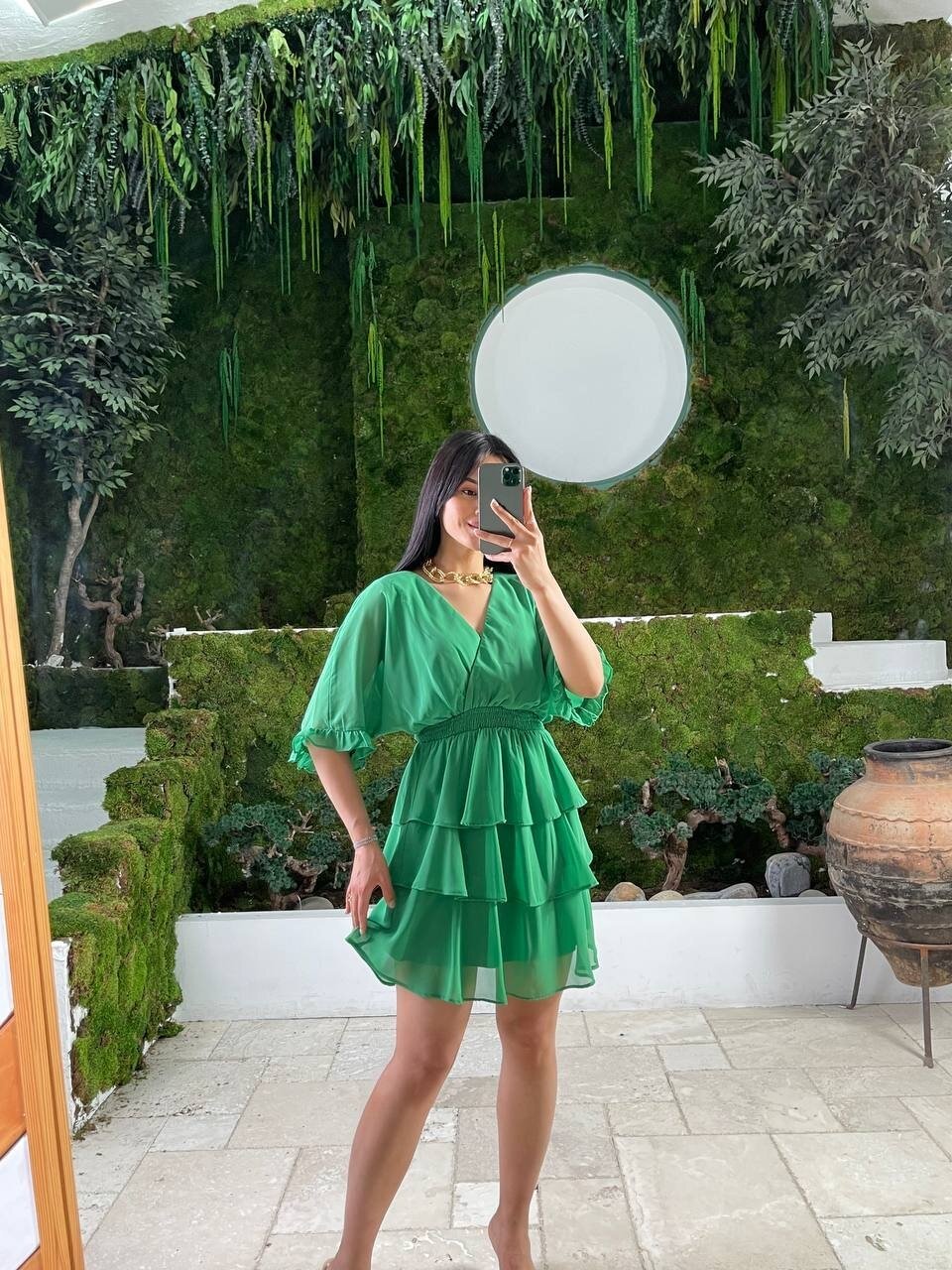 3447-YEŞİL KAT KAT ŞİFON ELBİSE