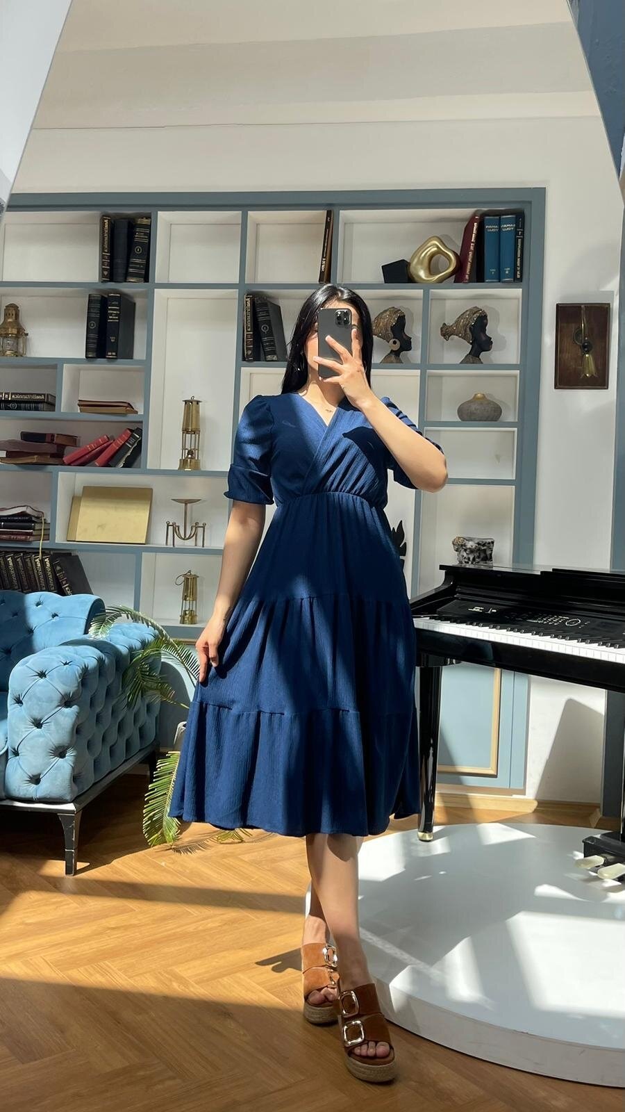 3453-LACİVERT KURVAZE YAKA ELBİSE