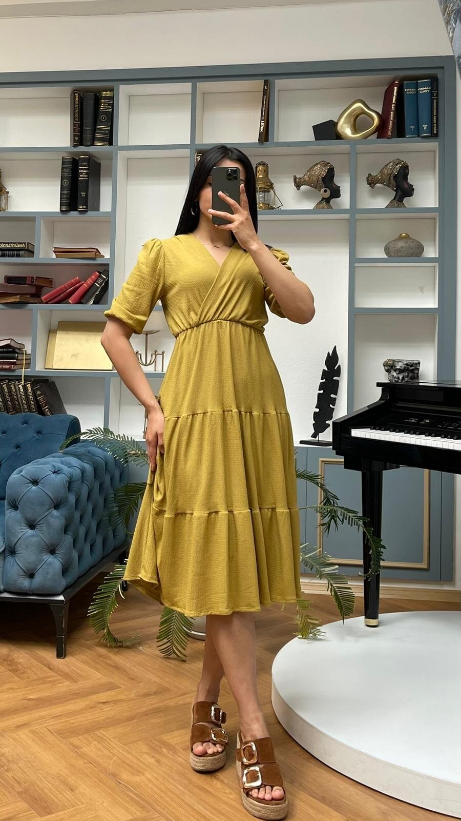 3453-OLİV KURVAZE YAKA ELBİSE