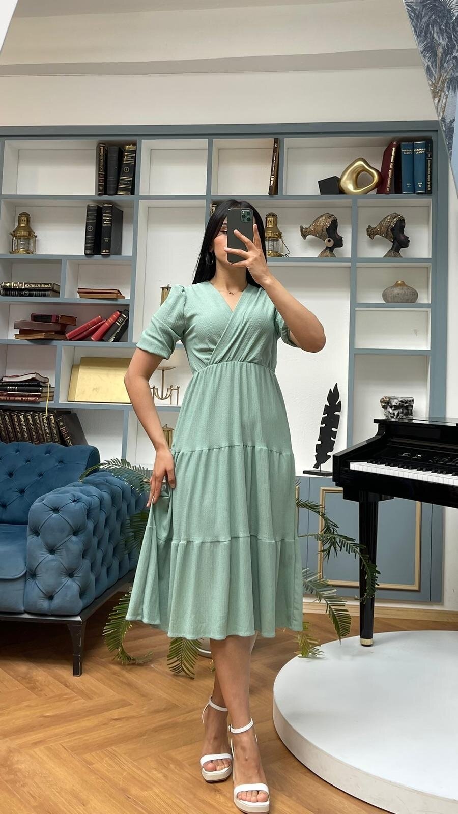 3453-SU YEŞİLİ KURVAZE YAKA ELBİSE