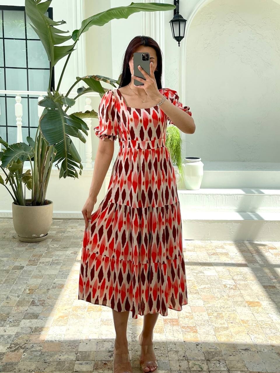 3459-TURUNCU BEYAZ DESEN ELBİSE