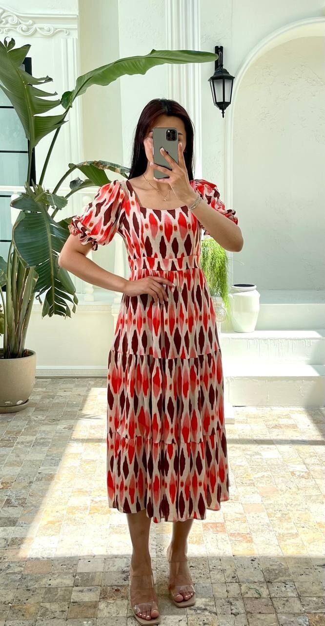 3459-TURUNCU BEYAZ DESEN ELBİSE