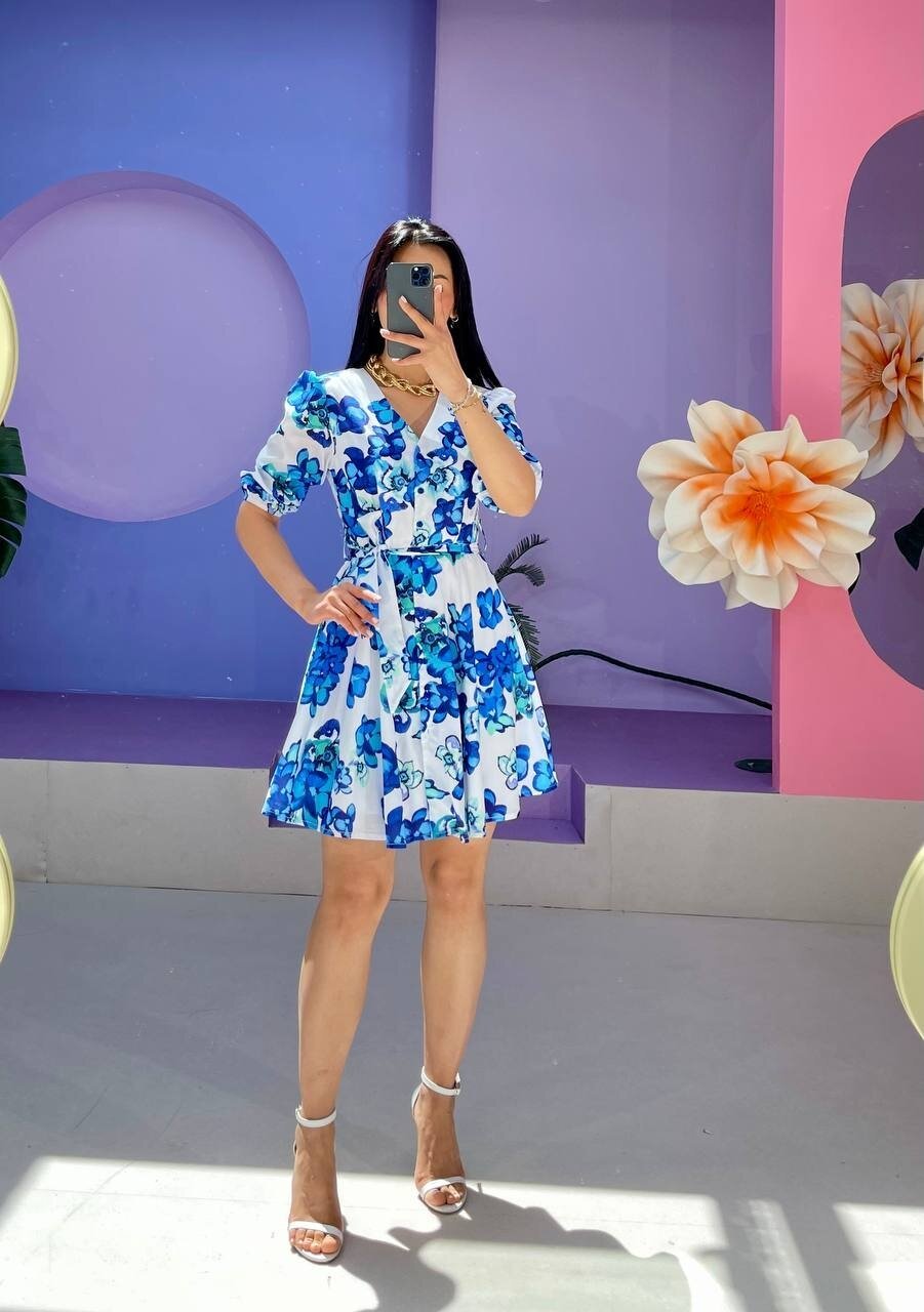 3460-MAVİ V YAKA ÇİÇEKLİ ELBİSE