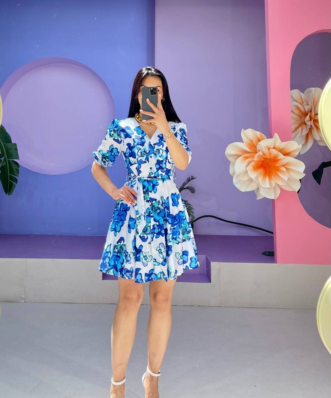 3460-MAVİ V YAKA ÇİÇEKLİ ELBİSE