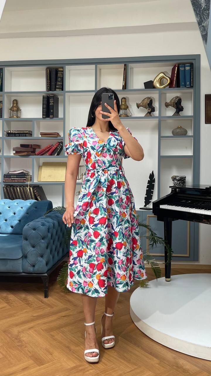 3467-BEYAZ BEBE YAKA ÇİÇEK DESEN ELBİSE