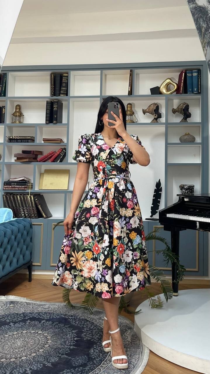 3467-SİYAH BEBE YAKA ÇİÇEK DESEN ELBİSE