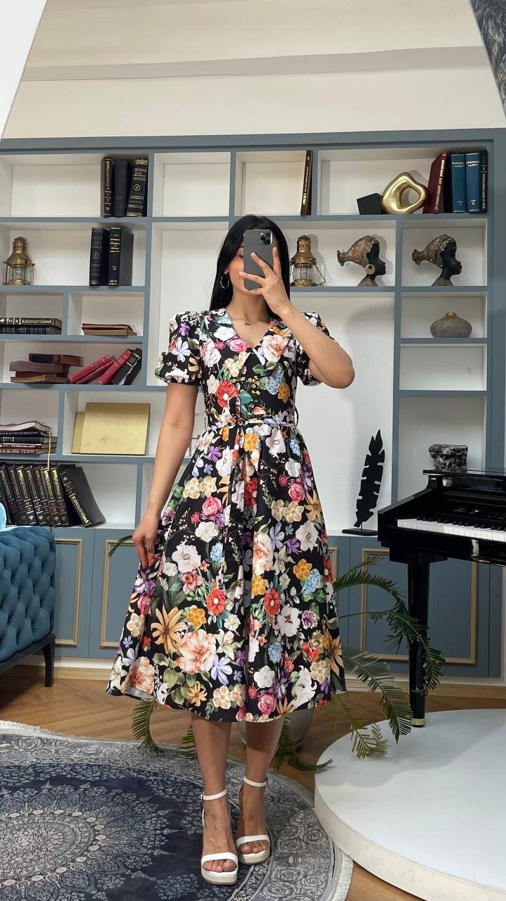 3467-SİYAH BEBE YAKA ÇİÇEK DESEN ELBİSE