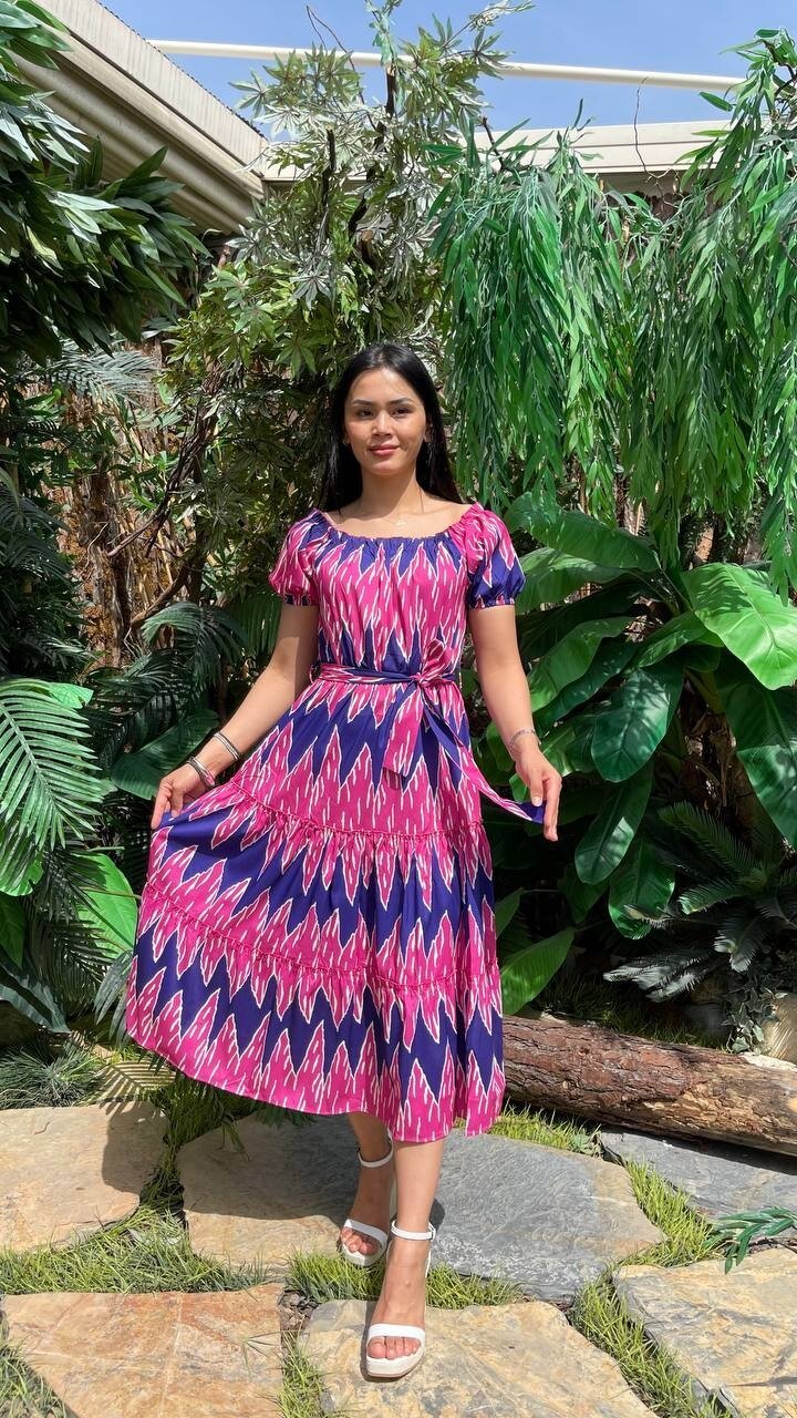 3472-FUŞYA PALMİYE DESEN ELBİSE