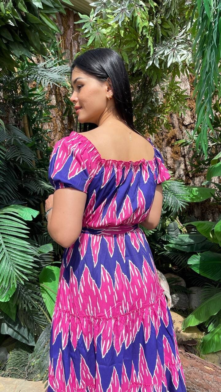 3472-FUŞYA PALMİYE DESEN ELBİSE