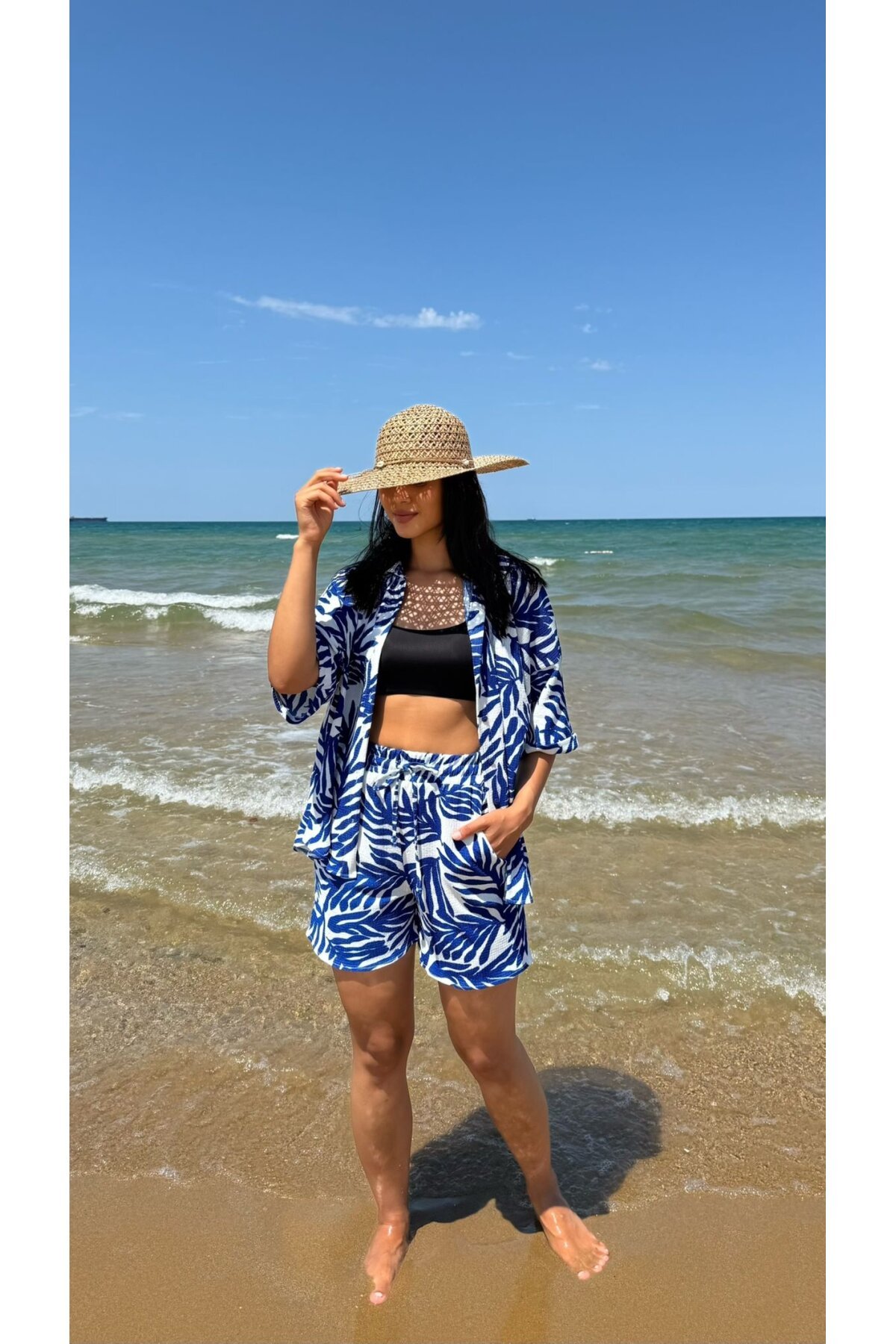 3481-MAVİ ZEBRA DESEN ŞORTLU TAKIM