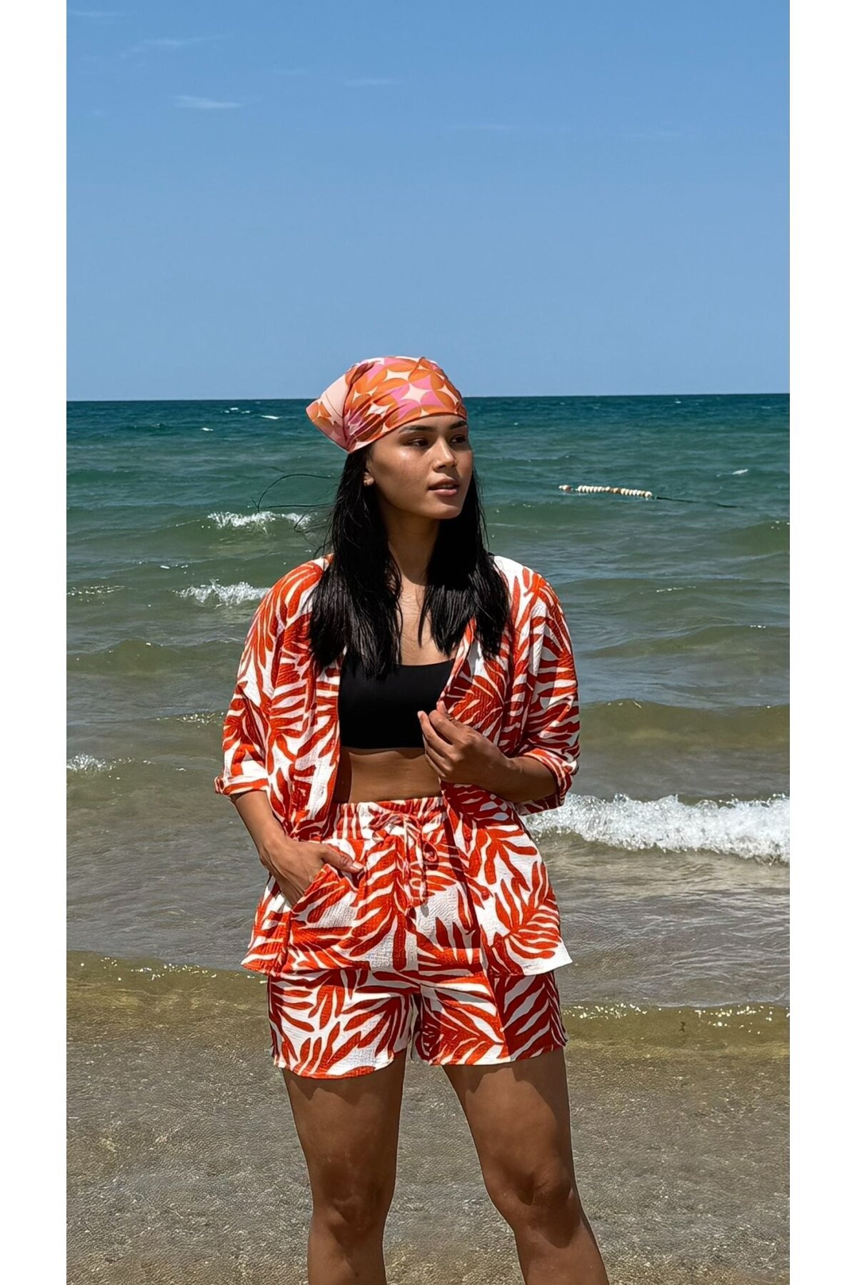 3481-TURUNCU ZEBRA DESEN ŞORTLU TAKIM