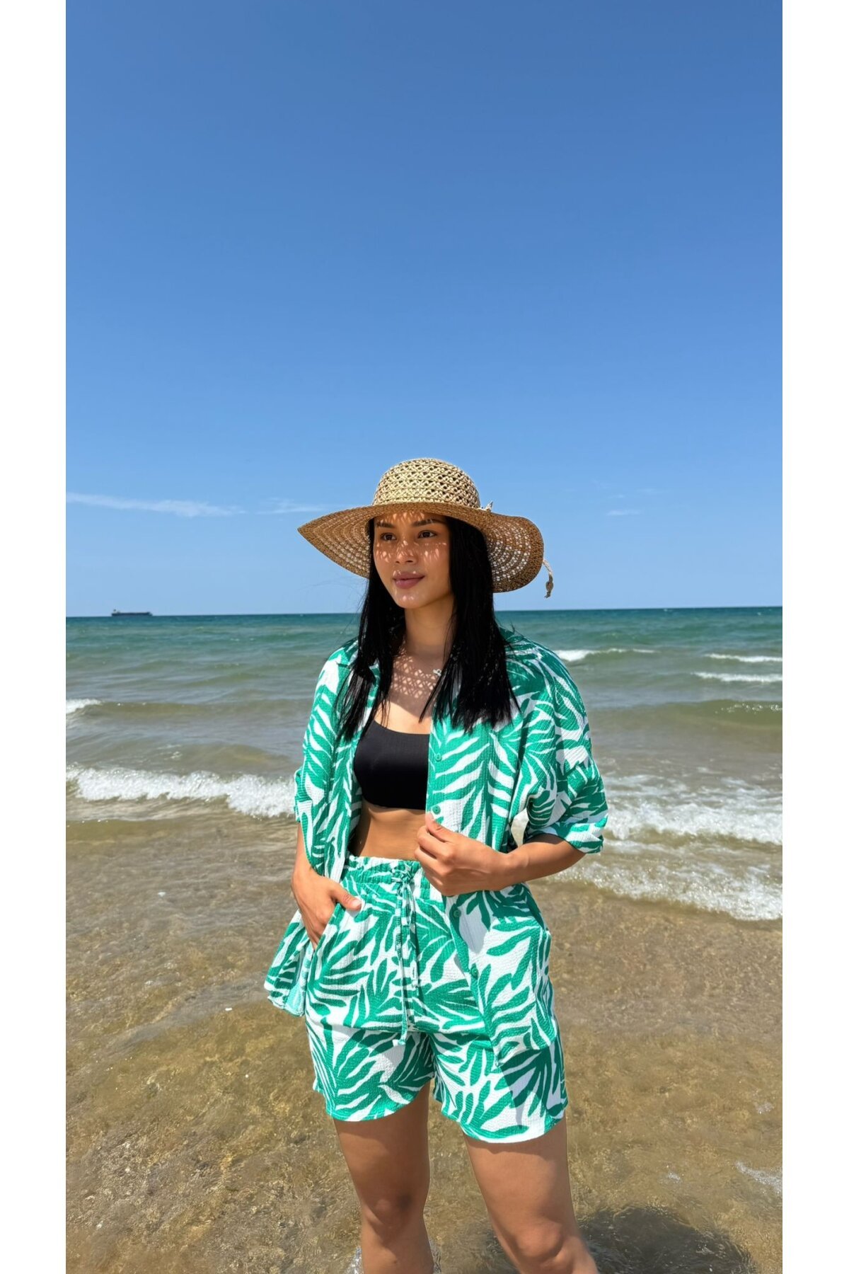 3481-YEŞİL ZEBRA DESEN ŞORTLU TAKIM