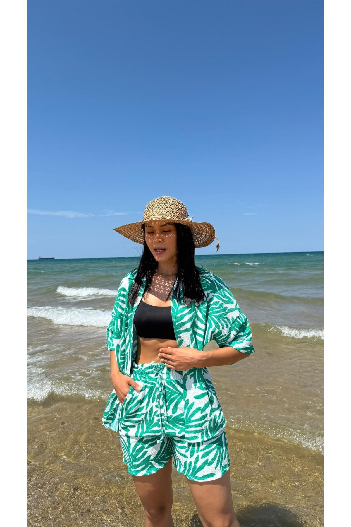 3481-YEŞİL ZEBRA DESEN ŞORTLU TAKIM
