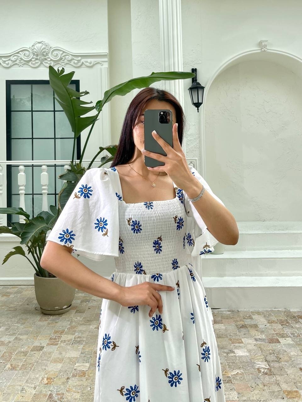 3483-MAVİ ÇİÇEK GÖĞÜSÜ GİPELİ ELBİSE