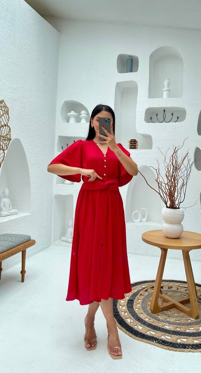 3484-KIRMIZI V YAKA DÜĞME DETAYLI ELBİSE