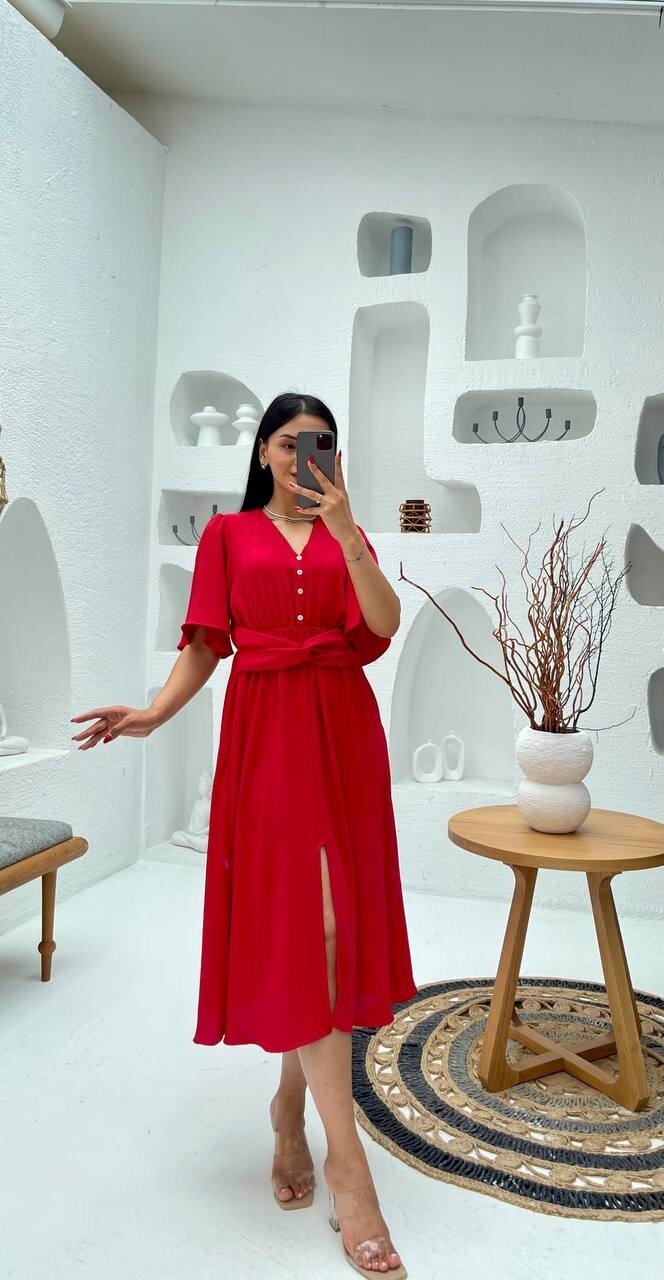 3484-KIRMIZI V YAKA DÜĞME DETAYLI ELBİSE