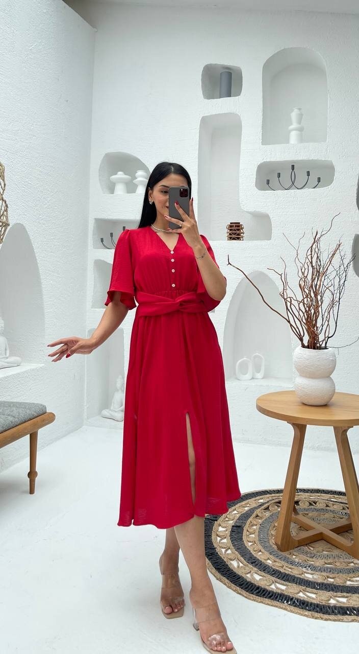 3484-KIRMIZI V YAKA DÜĞME DETAYLI ELBİSE