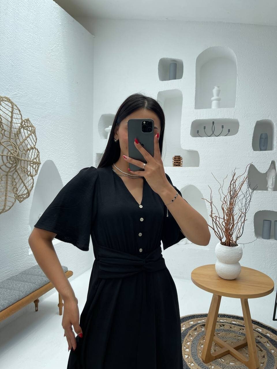 3484-SİYAH V YAKA DÜĞME DETAYLI ELBİSE