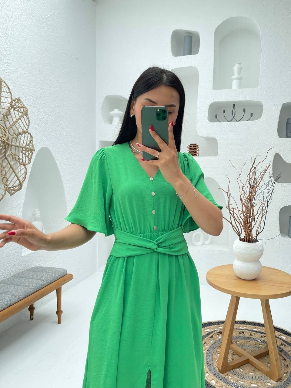3484-YEŞİL V YAKA DÜĞME DETAYLI ELBİSE
