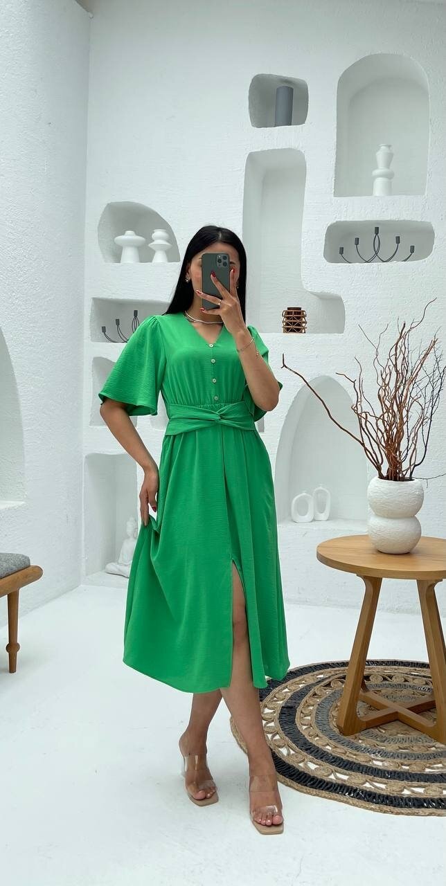 3484-YEŞİL V YAKA DÜĞME DETAYLI ELBİSE