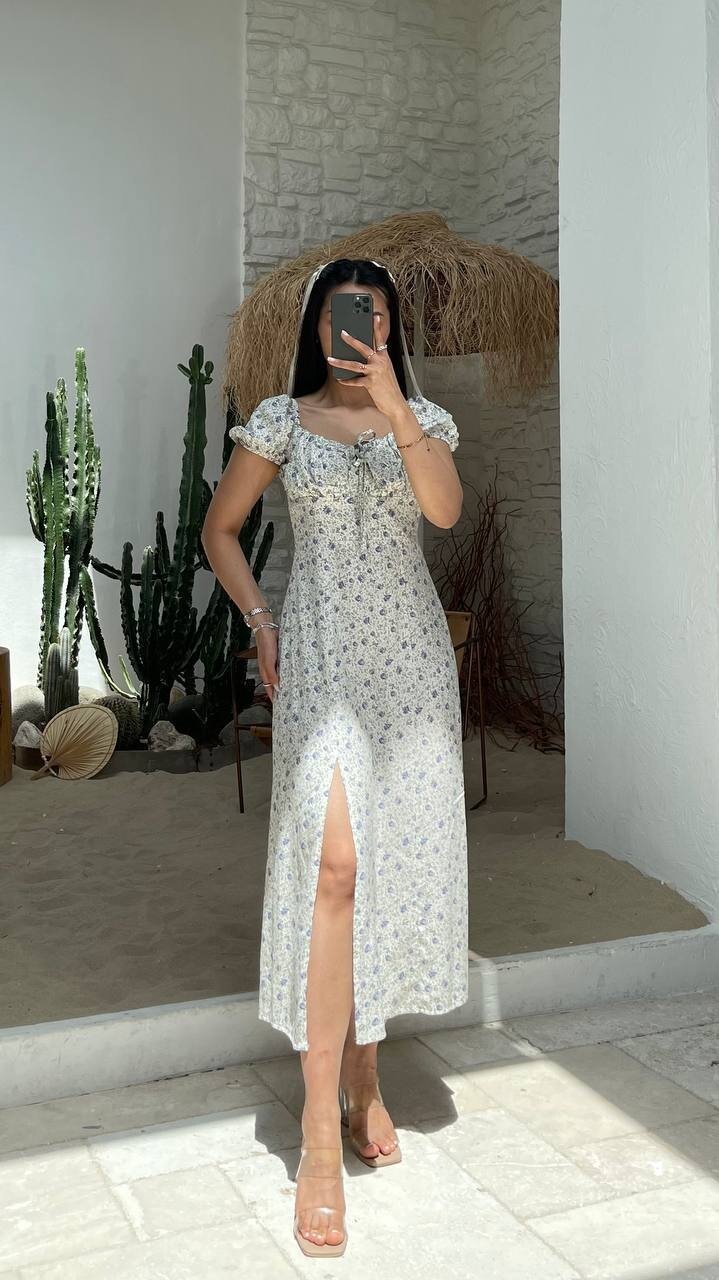 3501-ÇİÇEK DESEN ÖNDEN YIRTMAÇLI ELBİSE