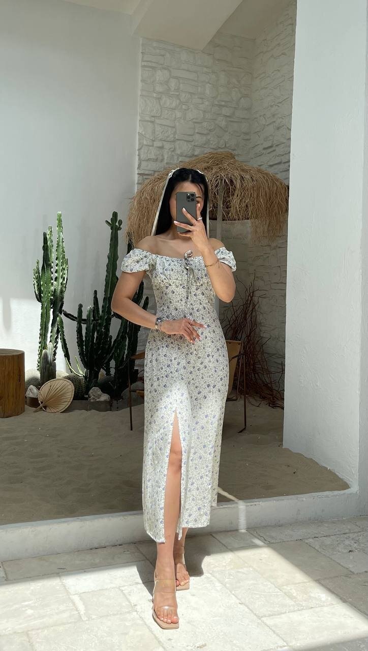 3501-ÇİÇEK DESEN ÖNDEN YIRTMAÇLI ELBİSE