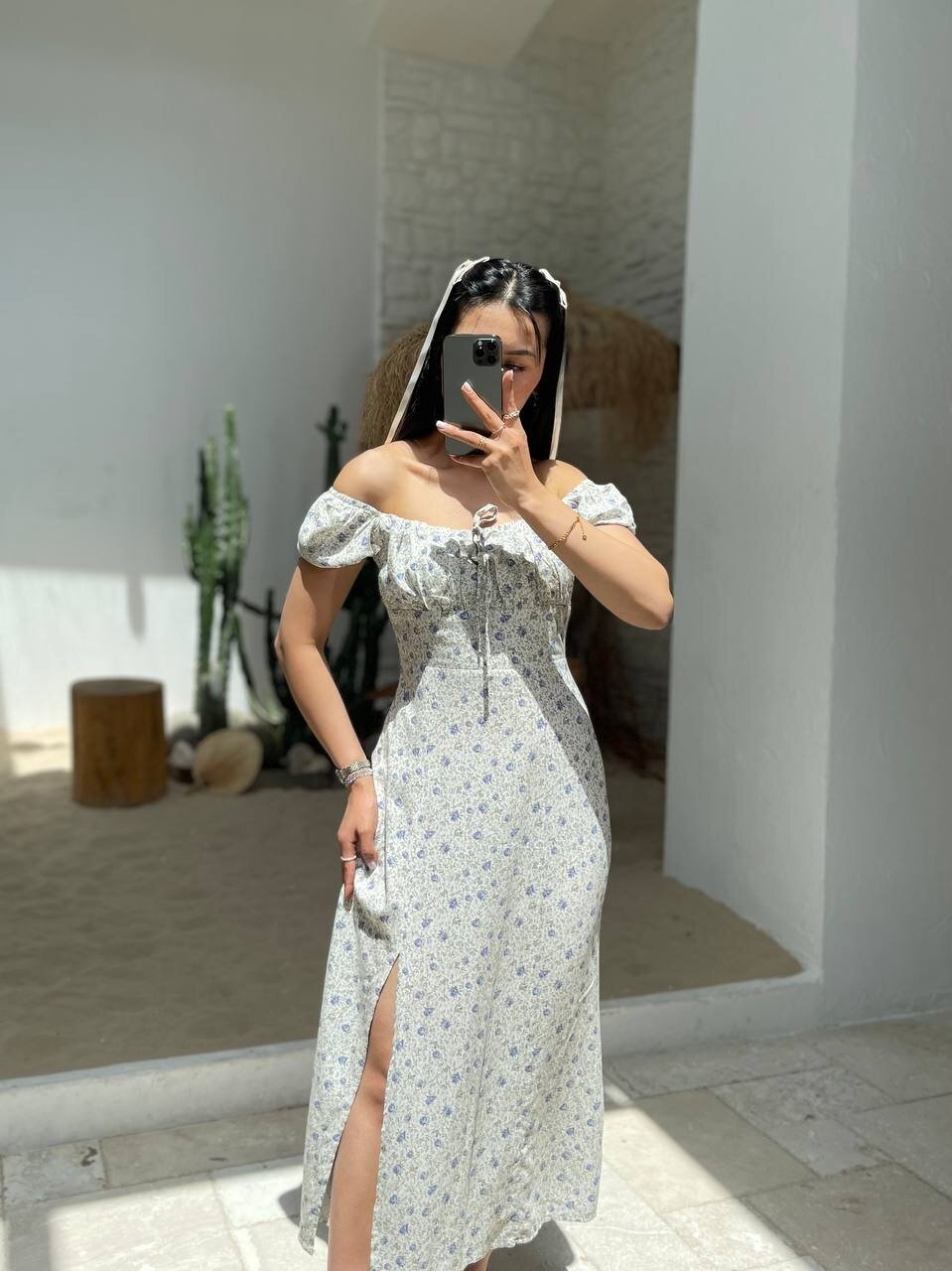 3501-ÇİÇEK DESEN ÖNDEN YIRTMAÇLI ELBİSE