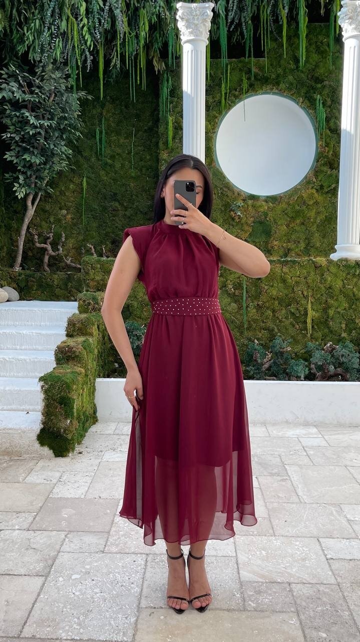 3509-BORDO KEMERİ TAŞ DETAYLI ŞİFON ELBİSE