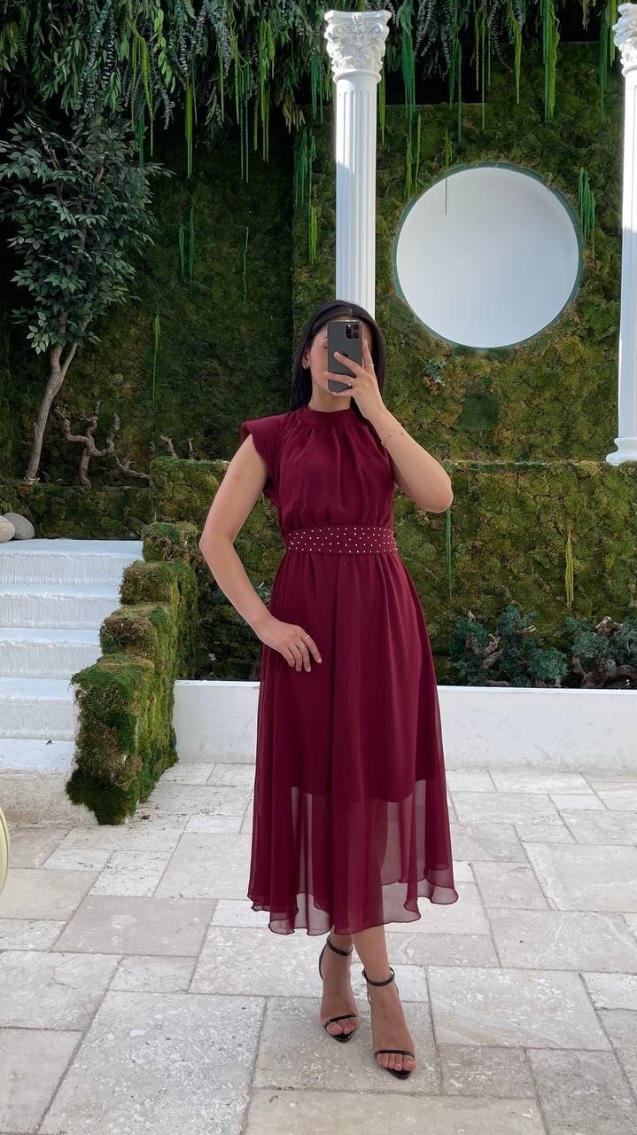 3509-BORDO KEMERİ TAŞ DETAYLI ŞİFON ELBİSE