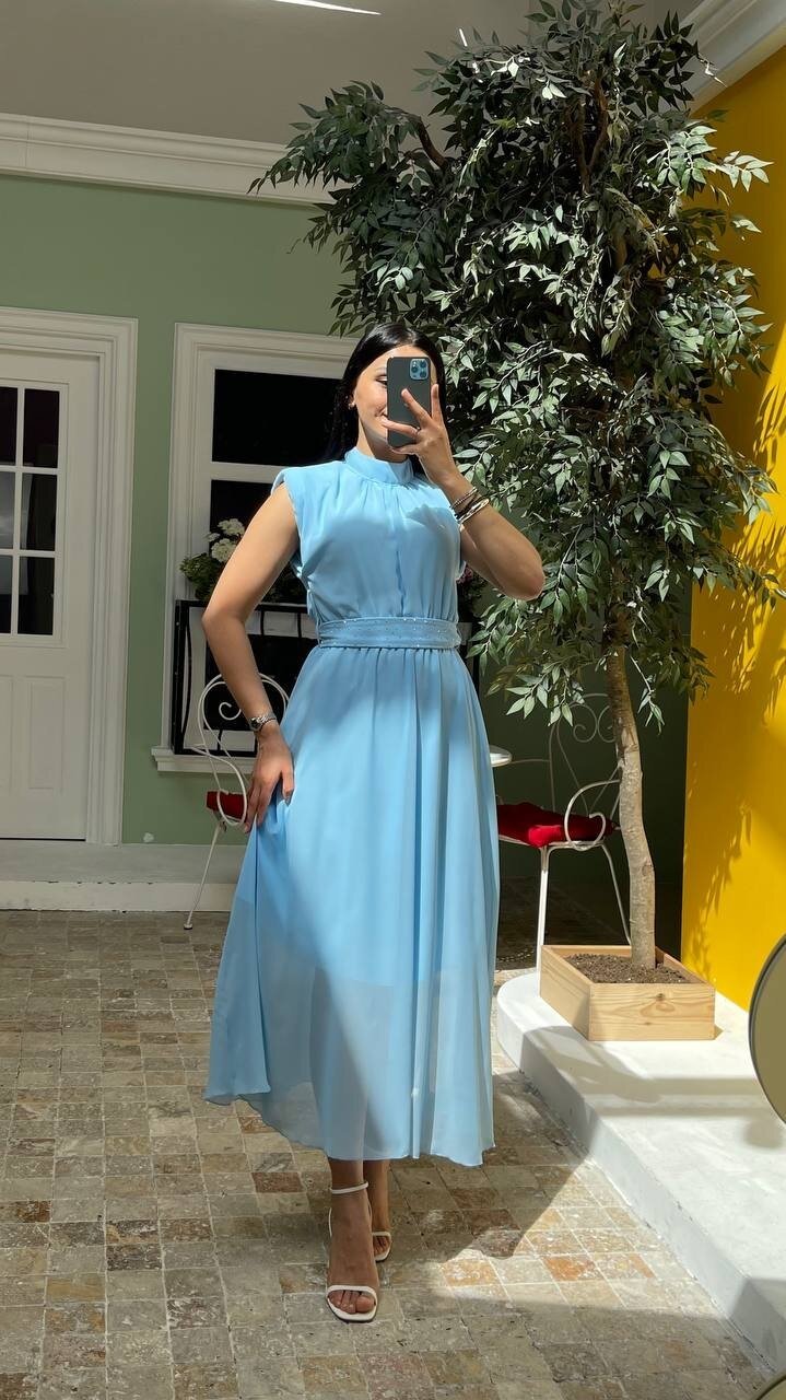 3509-MAVİ KEMERİ TAŞLI ŞİFON ELBİSE