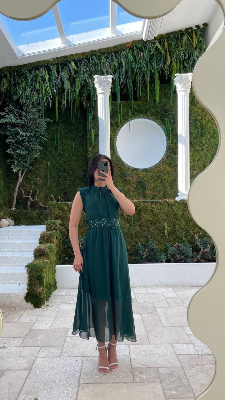 3509-ZÜMRÜT KEMERİ TAŞ DETAYLI ŞİFON ELBİSE