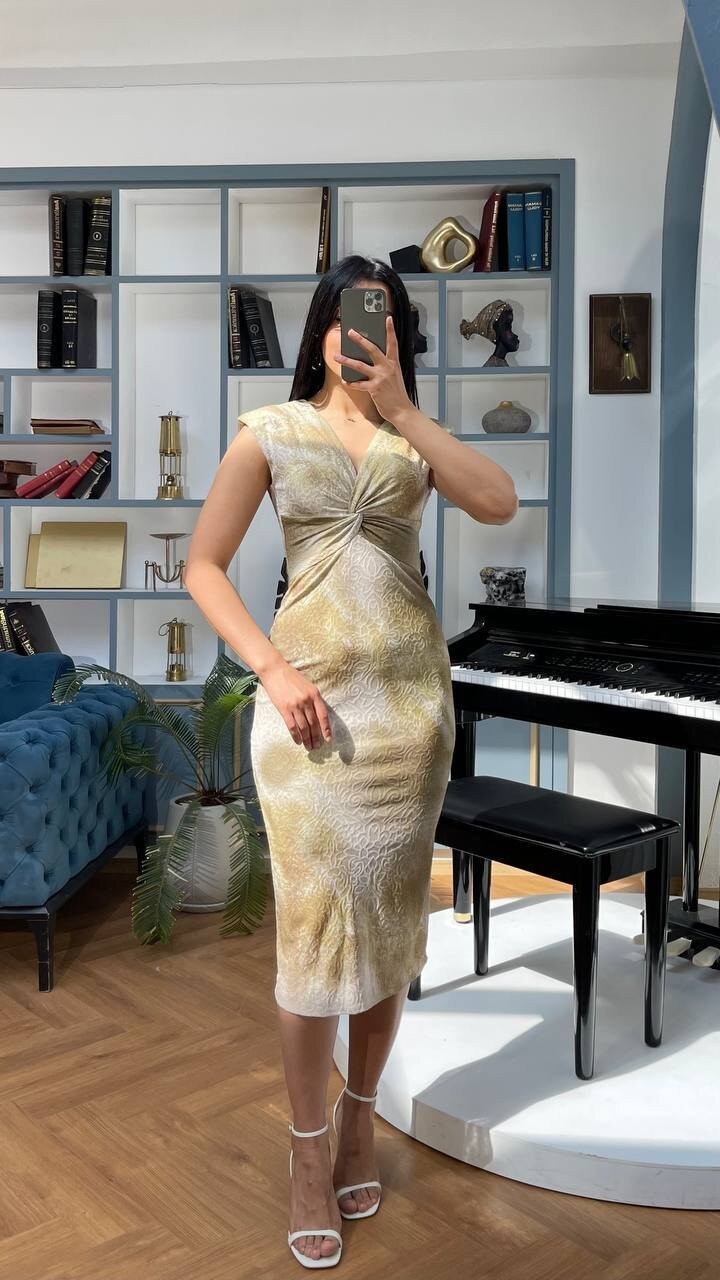 3510-OLİV KARMAŞIK DESEN ÖNÜ DÜĞÜMLÜ ELBİSE