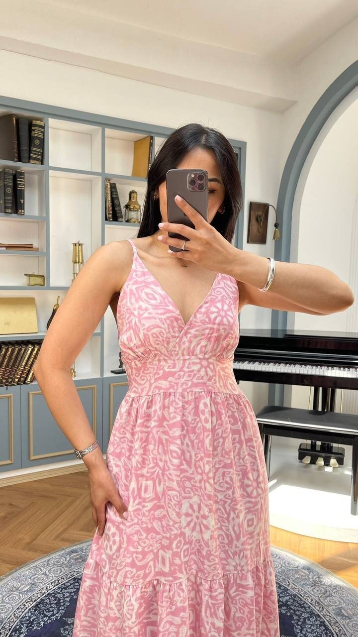 3517-PEMBE SIFIR KOL ÇITIR DESEN ELBİSE