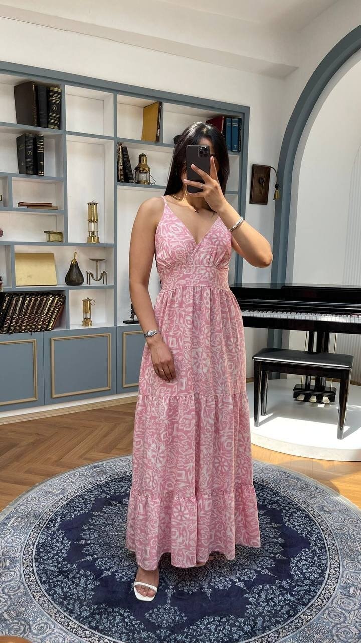 3517-PEMBE SIFIR KOL ÇITIR DESEN ELBİSE