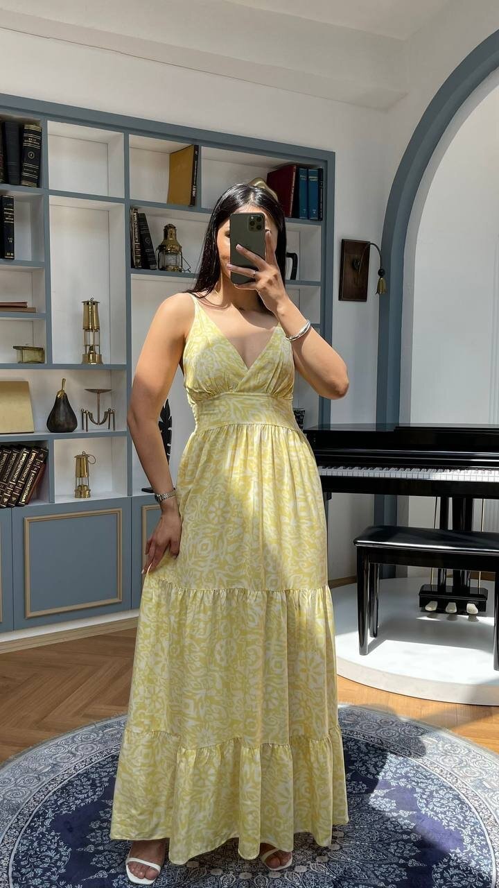 3517-SARI SIFIR KOL ÇITIR DESEN ELBİSE