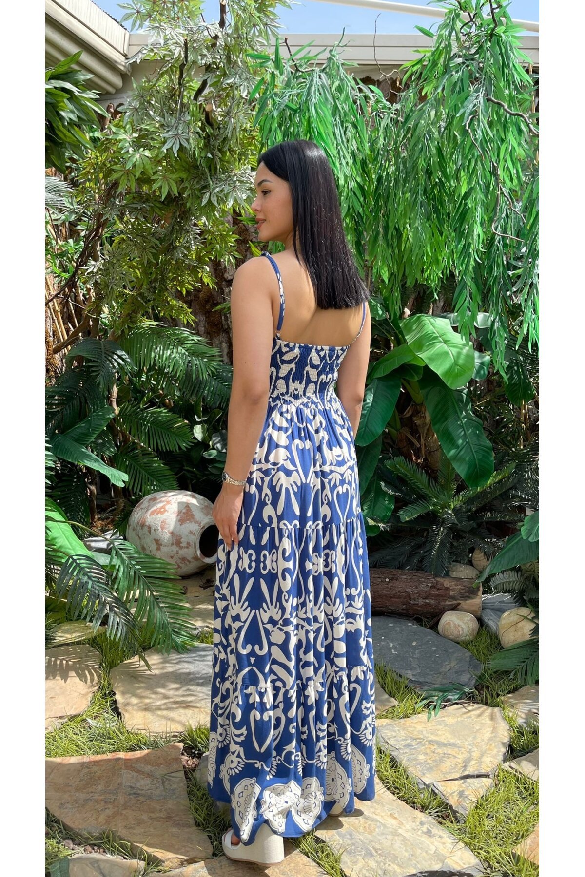 3518-MAVİ ETNİK DESEN ALTI SULU ELBİSE