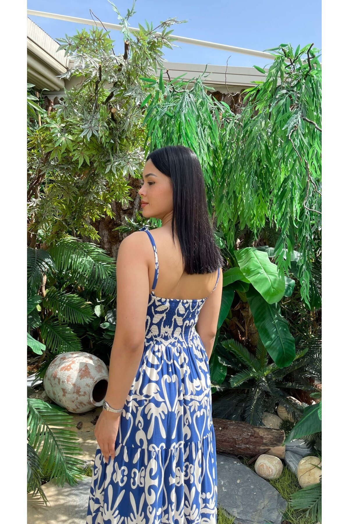 3518-MAVİ ETNİK DESEN ALTI SULU ELBİSE