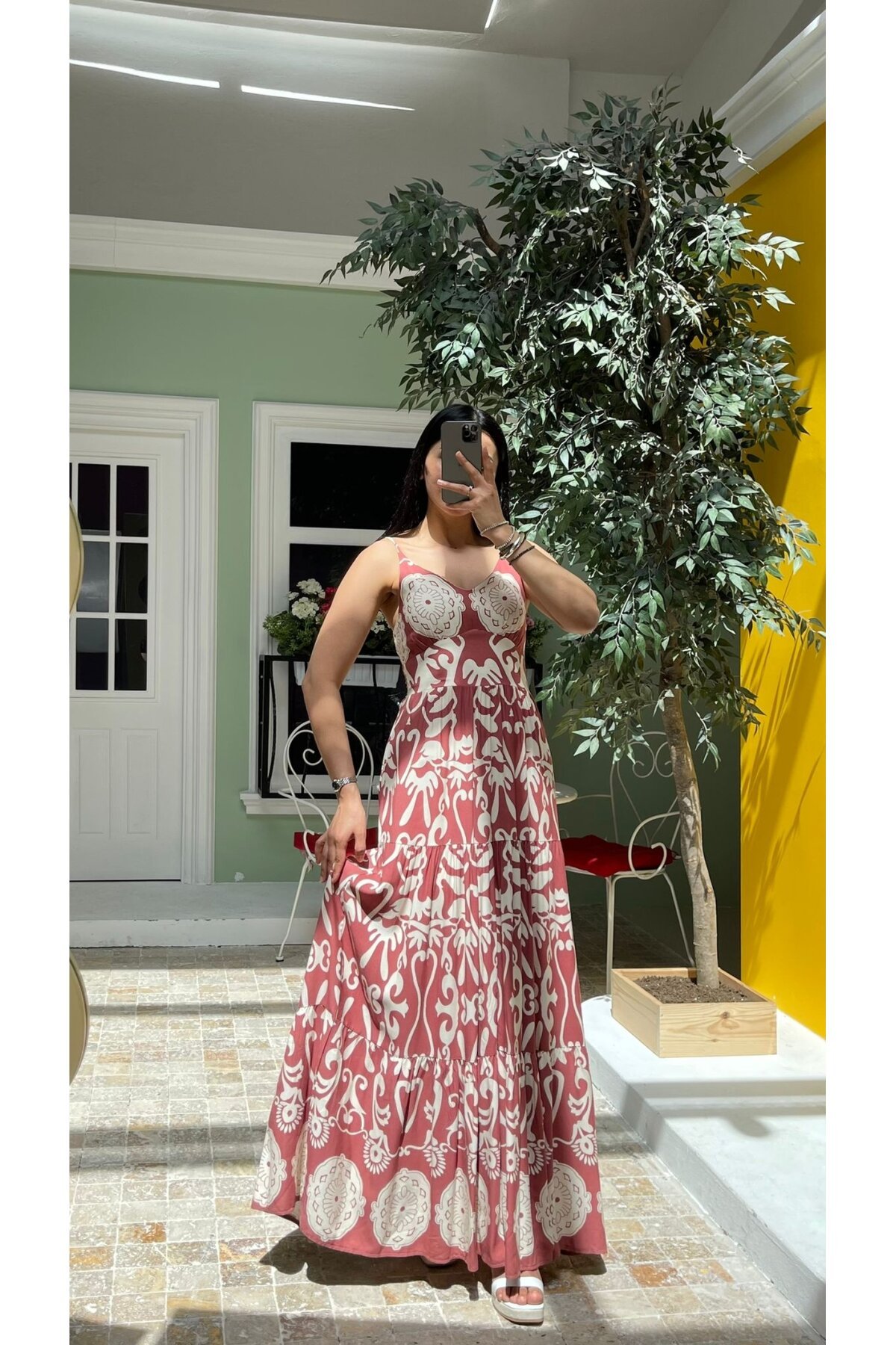 3518-PUDRA ETNİK DESEN ALTI SULU ELBİSE