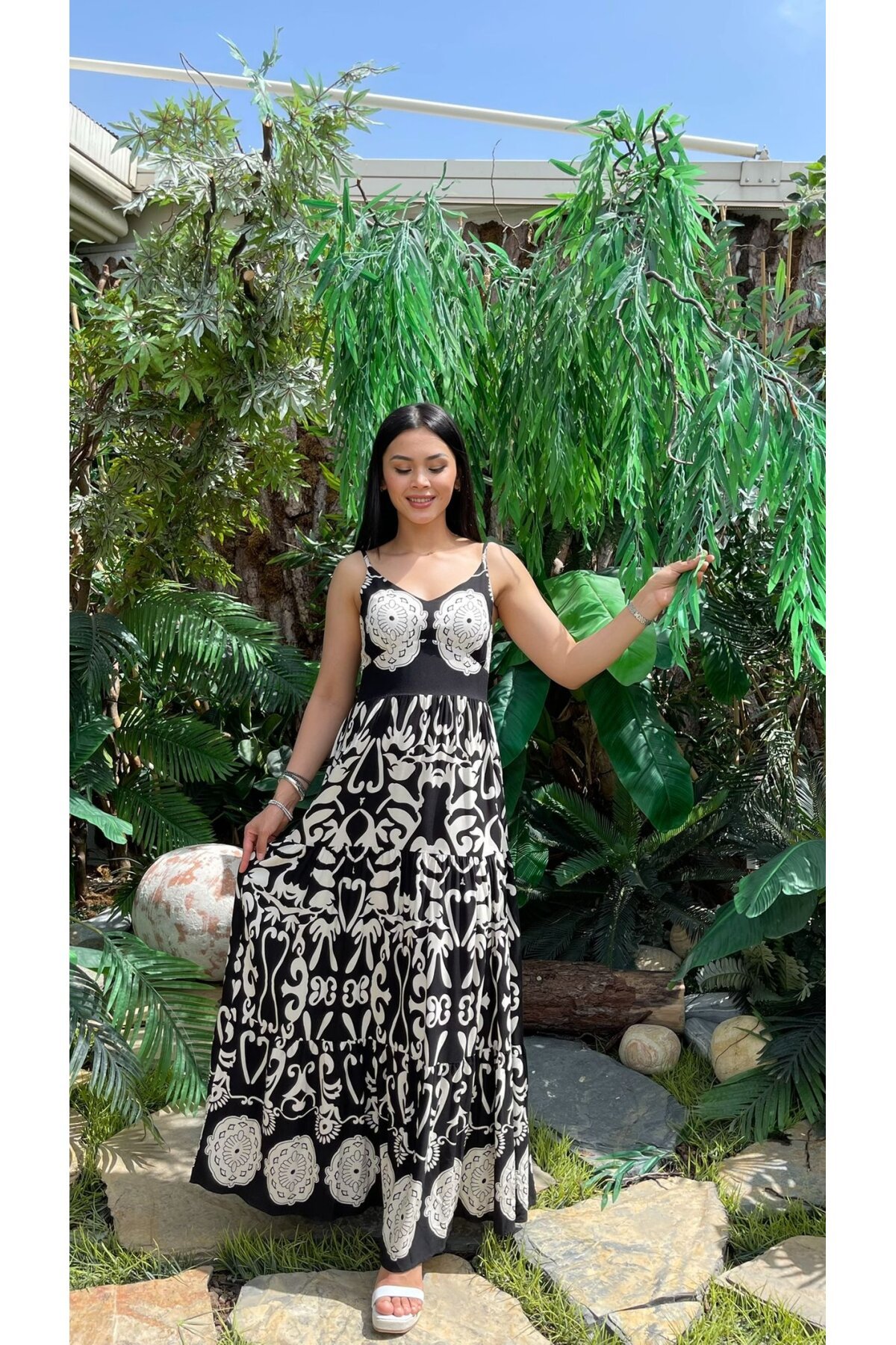 3518-SİYAH ETNİK DESEN ALTI SULU ELBİSE