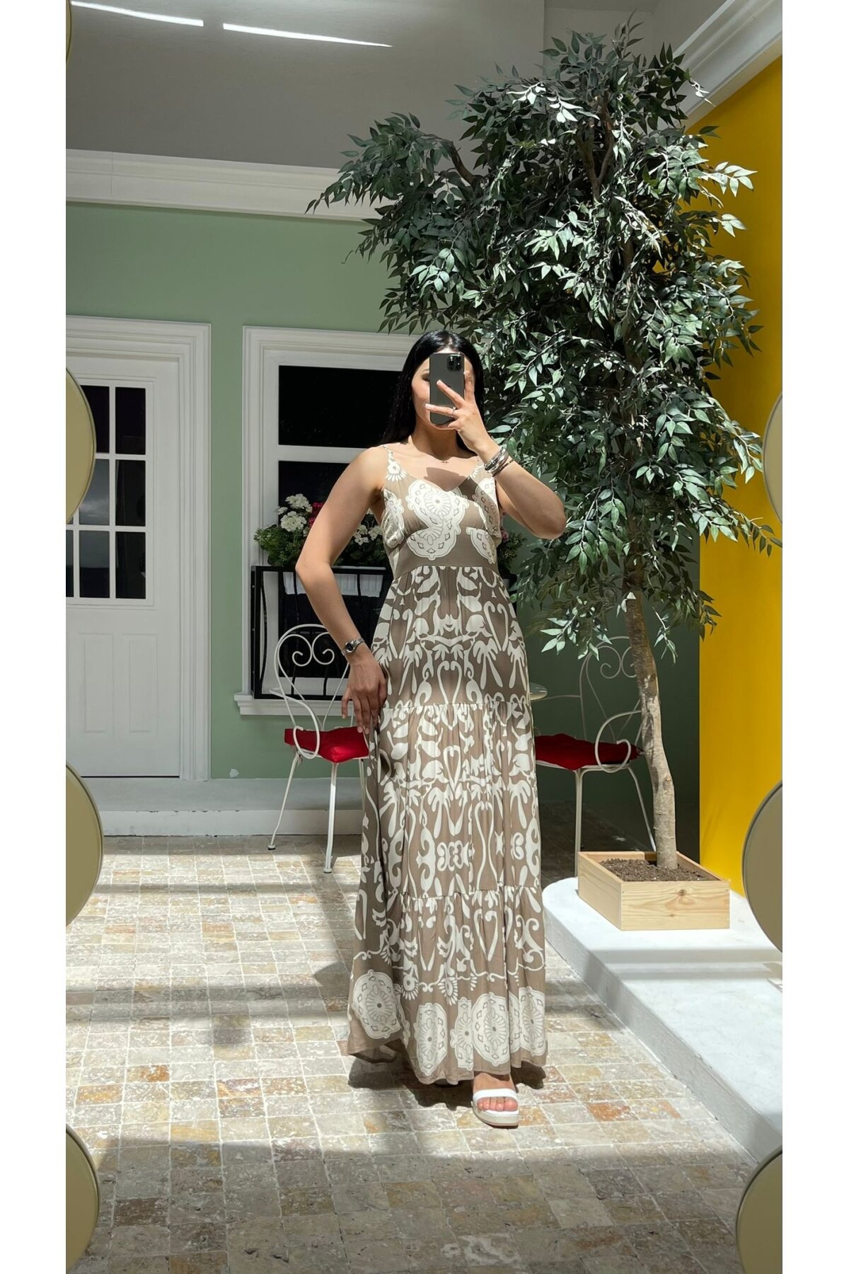 3518-VİZON ETNİK DESEN ALTI SULU ELBİSE