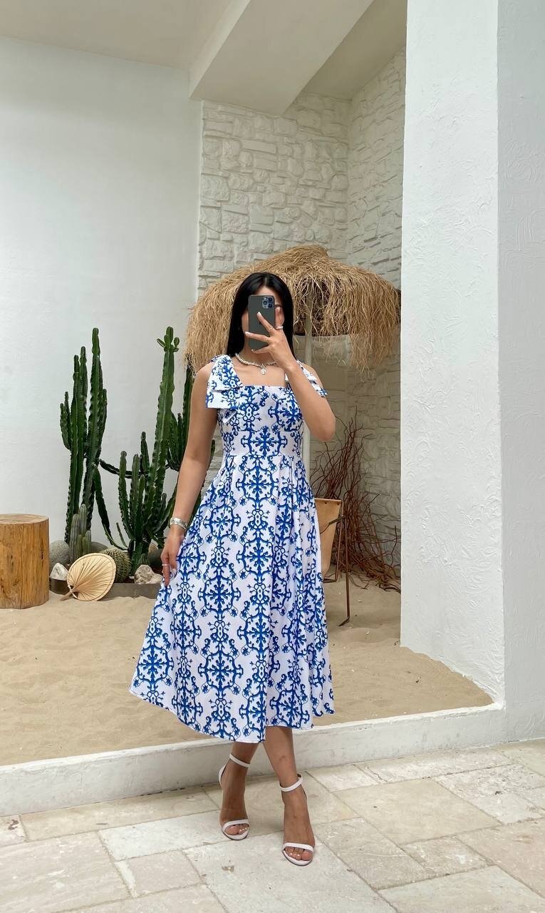 3519-ÇİÇEK DESEN MAVİ ELBİSE