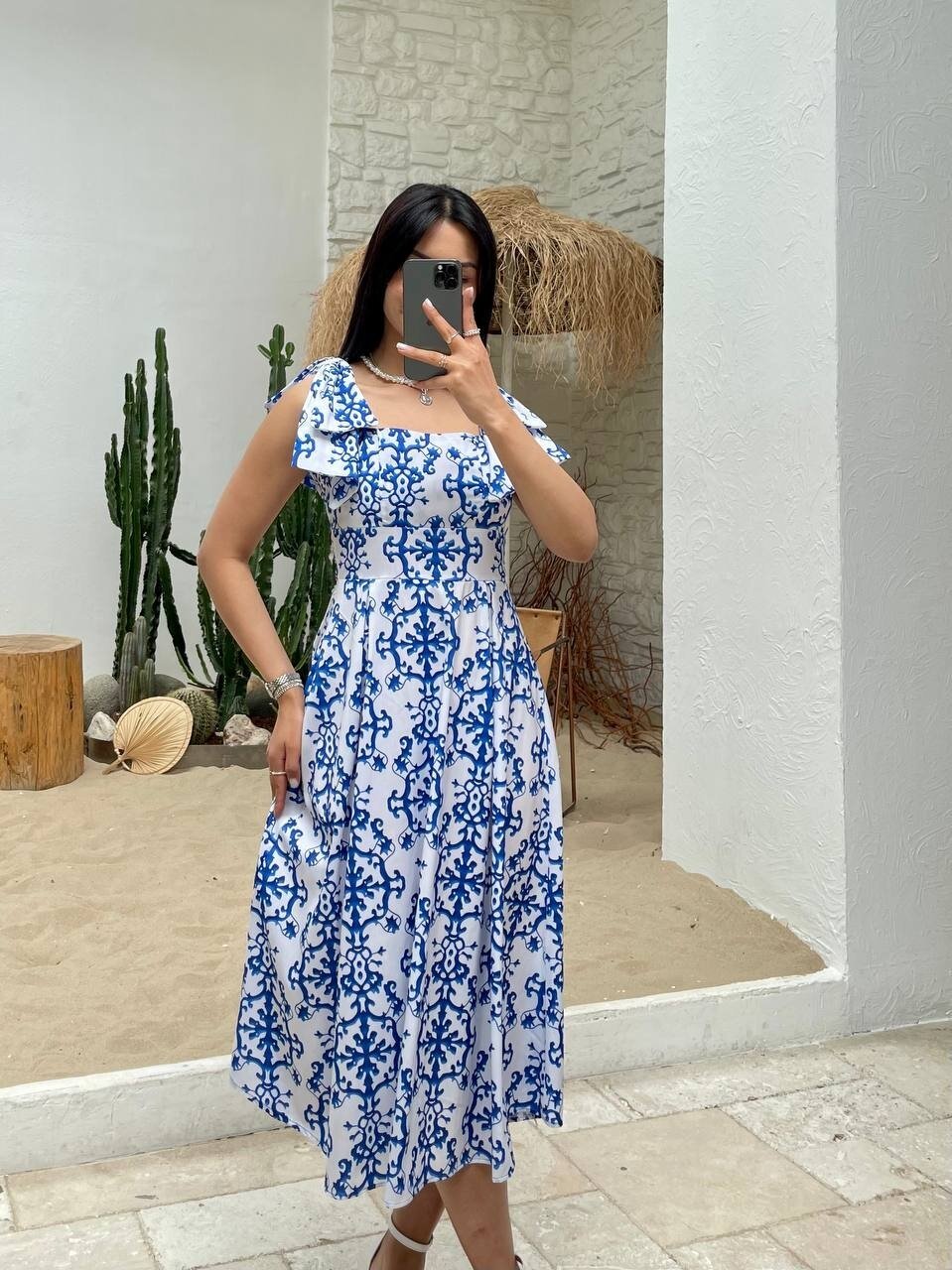 3519-ÇİÇEK DESEN MAVİ ELBİSE