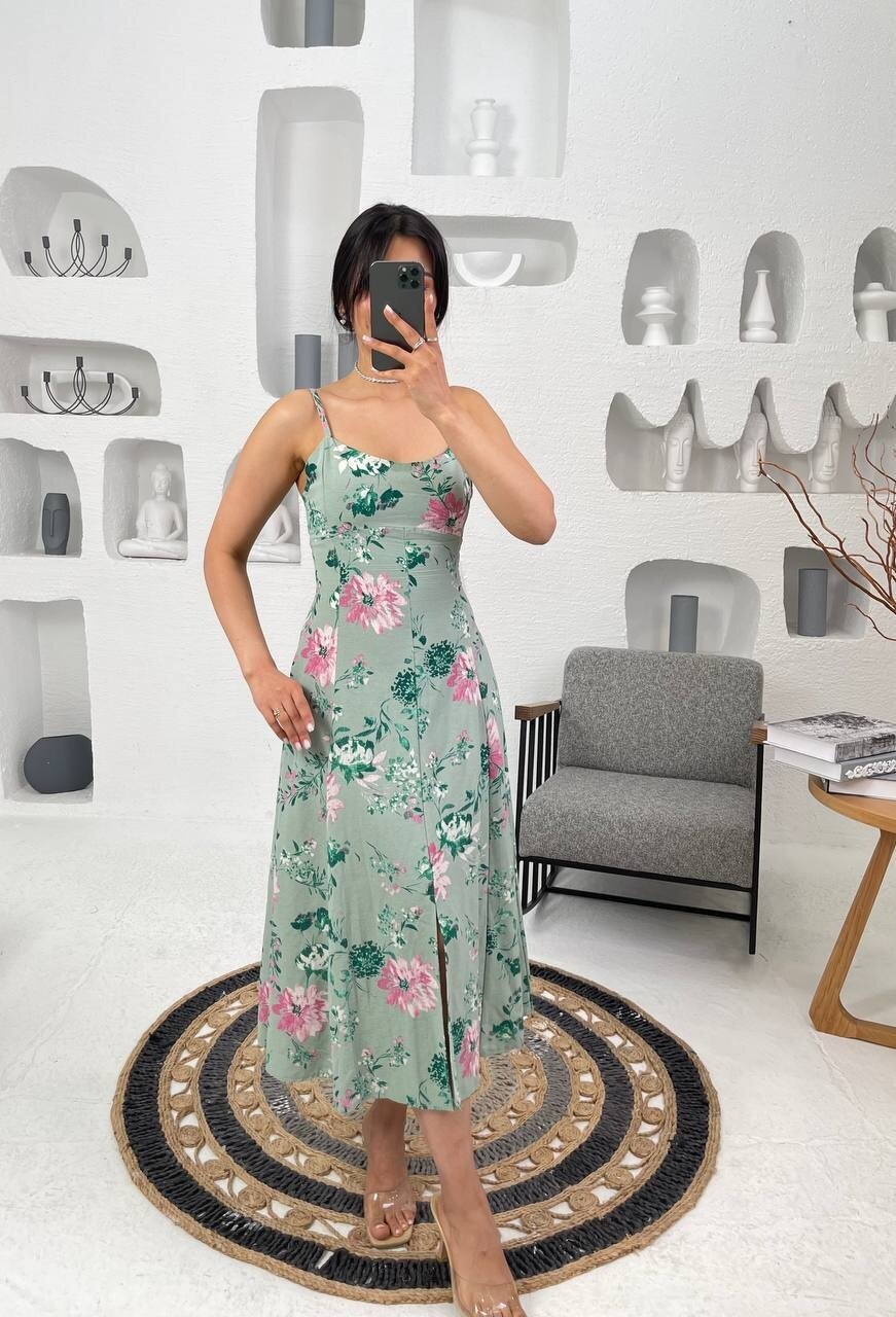 3520-ÇİÇEK DESEN SIFIR KOL ELBİSE