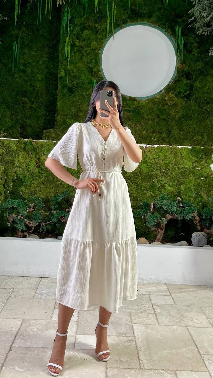 3524-BEJ YALANCI KETEN ELBİSE