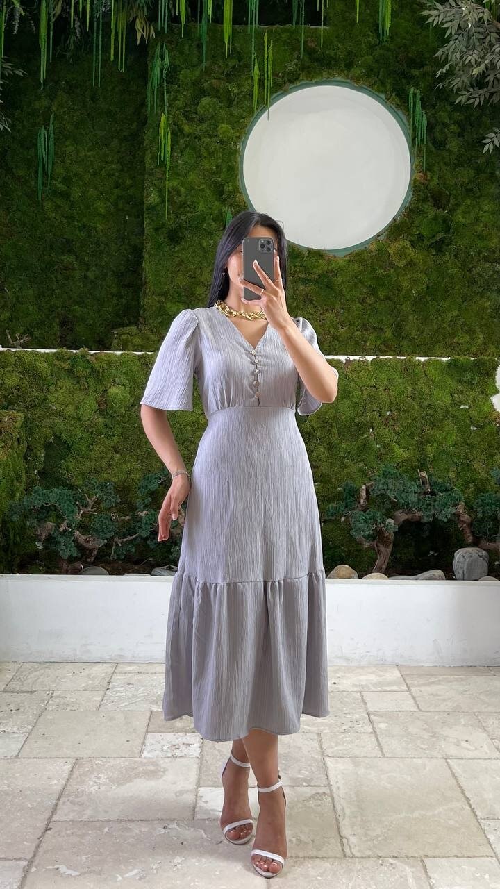 3524-GRİ YALANCI KETEN ELBİSE