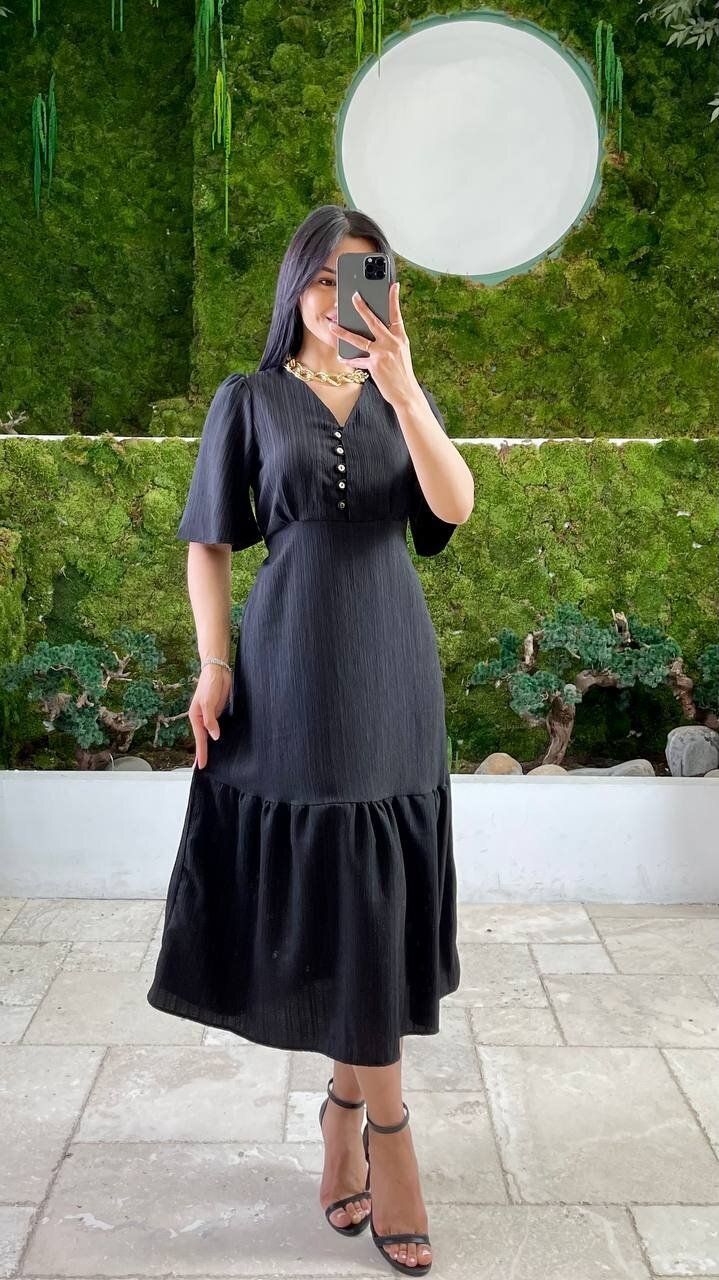 3524-SİYAH YALANCI KETEN ELBİSE