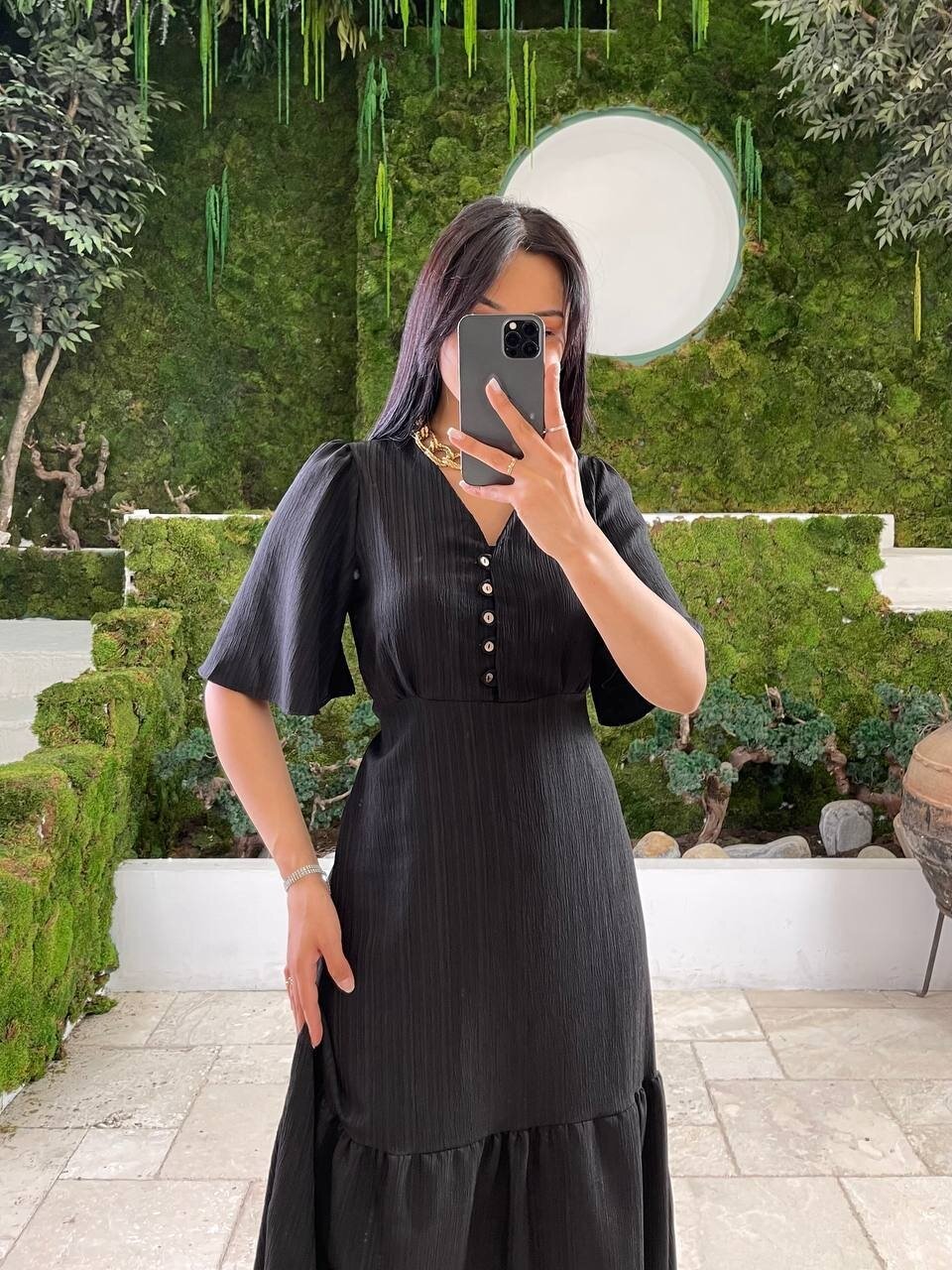 3524-SİYAH YALANCI KETEN ELBİSE