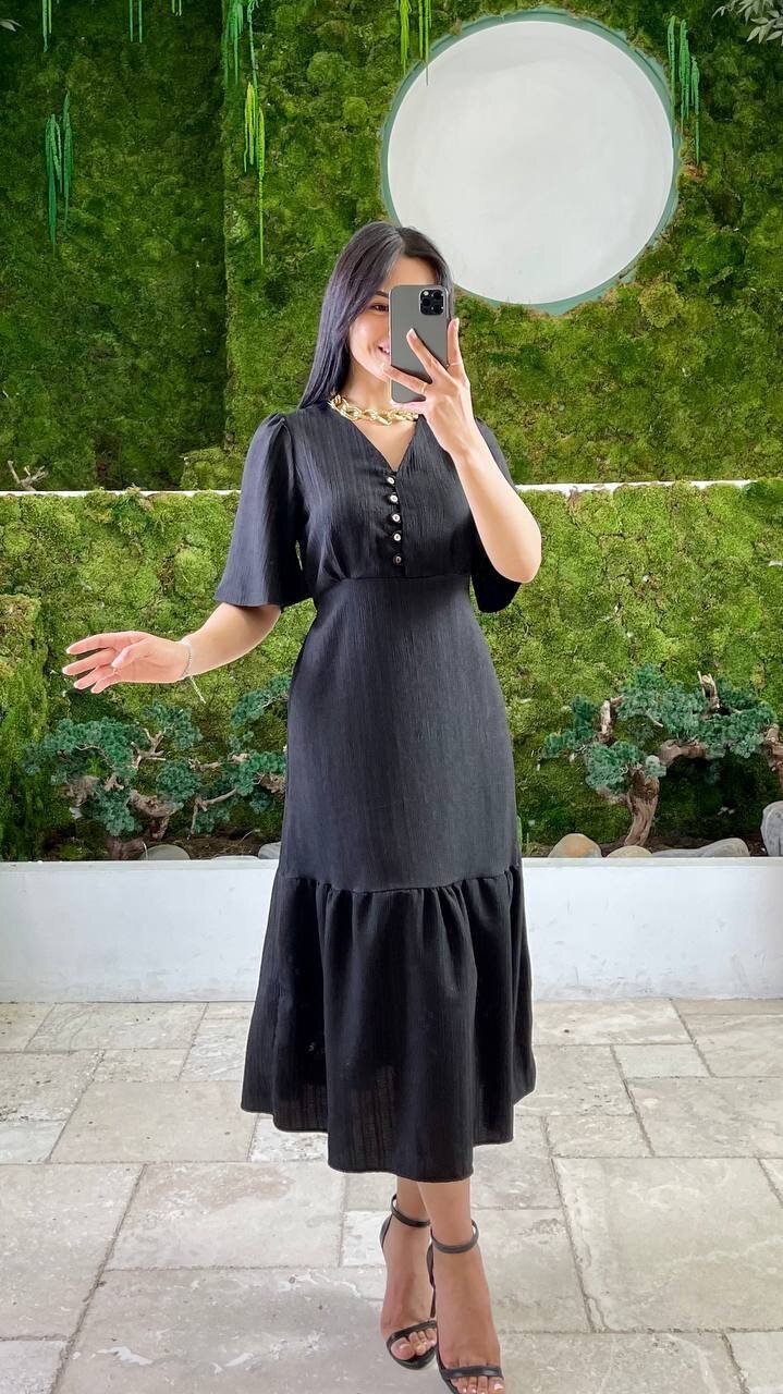 3524-SİYAH YALANCI KETEN ELBİSE